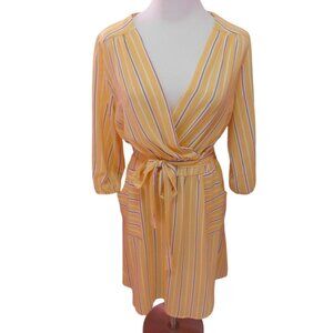 Monteau Yellow & White Striped Wrap Dress W/ Tie Waist & Pockets M